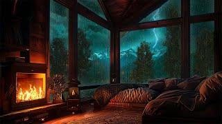 A cozy living room with large windows overlooking the forest | Rain and Thunder Sounds for Sleeping