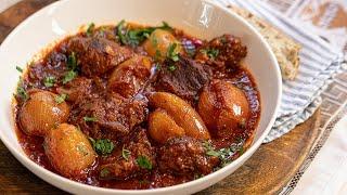 A Greek Classic Beef Stew: Stifado made with tender beef and shallots