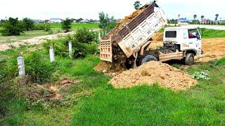 Wonderful Dump trucks dumping Soil filling up with Bulldozer pushing soil near Highway.