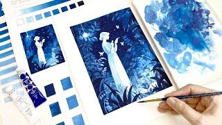 Gouache Monochrome Painting Tutorial / Create Aesthetic Art with One Color / Free Printable Sketch 