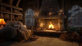 Hello Winter  Cozy Cabin Ambience With Fireplace Sounds, Blizzard & Jazz For Relaxation 