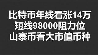 比特币年线看涨14万，短线98000阻力位！山寨币看好大市值币种#OKX2024|BTC|ETH|XRP|ARB|SOL|DOGE|DYDX|ENS|AR|SHIB|ATOM|ROSE行情分享