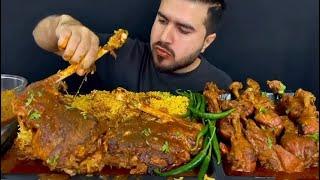 ASMR; EATING SPICY MUTTON LEGS CURRY+CHICKEN LEGS CURRY WITH MASALA RICE+GREEN CHILLI+EXTRA GRAVY