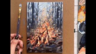 Loose Acrylic Fall Painting - Cozy Campfire Forest Landscape