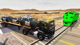 Flatbed Trailer Police McQueen Cars Transportation with Truck - Pothole vs Car #25 - BeamNG.Drive