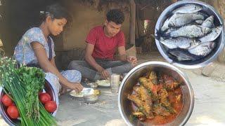 river FISH CURRY with TOMATO and onion leaves with tomato cooking and eating | village fish recipe