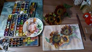 Рисуем красные подсолнухи акварелью. Туториал. Tutorial step by step. How to draw red sunflowers