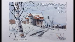 Draw and paint snow and shadows. Pen and Wash winter Barn. Just two colors. Peter Sheeler