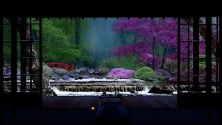 Relaxing River Sounds Through Zen Garden w View From Japanese Tea House | For Sleep, Study, Relaxing