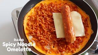 Korean Buldak Spicy Noodle Omelette with Cheese & Sausage