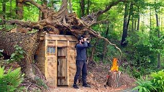 Building a fairytale hut in the roots of a fallen tree