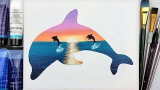 Dolphin Sunset | Seascape Silhouette Painting for Beginners | Step by Step #47