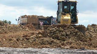 Great Mini Dump Truck Operator Unloading Dirt & Bulldozer Pushing Dirt with Amazing Action