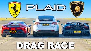 Tesla Model X PLAID v Ferrari SF90 v Lambo SVJ: DRAG RACE