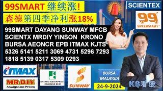 KS看股 - 马股 KLSE BURSA 分享 - 24-9-2024 99SMART 继续涨!森德第四季净利涨18%99SMART DAYANG SUNWAY MFCB SCIENTX