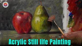 Acrylic Still life painting:  Apple & Pear with unique FAN Brush Technique by Debojyoti Boruah