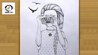 Easy Girl with Camera Drawing | world photography day drawing | easy girl sketch | easy shading