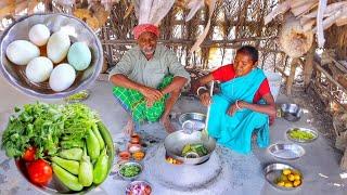 DUCK EGG CURRY with BRINJAL and fresh VEGETABLE FRY cooking & eating by santali tribe people