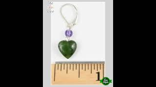 Women's 925 Silver Green Jade Heart Earrings w/ Amethyst Accent - Handmade Gift!