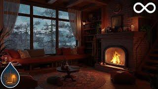 [White Noise] Rain Sounds For Sleep | Warm Fireplace & Dimmed Screen