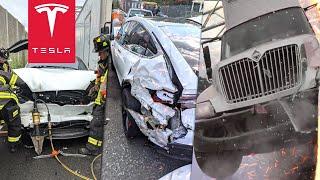 TESLA MODEL X SMASHED BETWEEN TWO TRUCKS - AIRBAGS DIDN'T DEPLOY