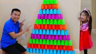 Emma Pretend Play w/ Giant Colorful Cup Wall Challenge Game Build Pyramid Kids Toys