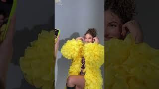 Lianna ruffles chiffon coat in bright yellow color