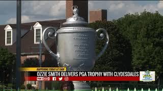 Ozzie Smith delivering the Wanamaker Trophy