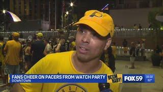 A fan at the Pacers watch party reacts to Game 6