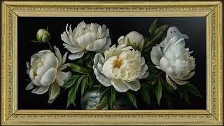 White Peony Flowers Still Life Painting with Playful Ghosts | Framed TV Art