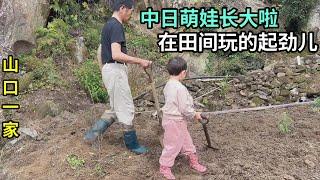 日本農村田間地頭：喜娜跟爸爸一起使鐵鍬，第一次不跟媽媽一起走