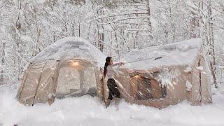 Camping Aufblasbares Luxuszelt isoliert für 3 Tage inmitten starken Schneefalls [ASMR]