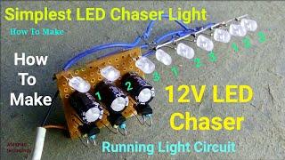 How To Make Simplest 12V LED Chaser Light Circuit Without IC, Basic DC running LED light circuit