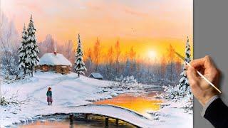 Oil Landscape Painting - Winter Sunset / Easy Art / Drawing Lessons / Satisfying Relaxing / Масло.