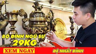 Bộ đỉnh đồng Song Long 3 chữ. Bộ đỉnh ngũ sự trên ban thờ gia tiên