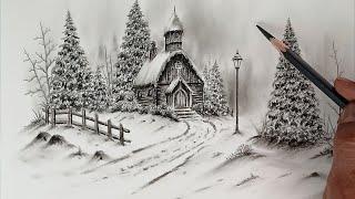 Winter nature snowy cottage landscape scenery drawing by pencil with easy ways.