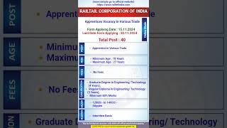 Apprentices in Various Trade Vacancy | Railtail Corporation of India