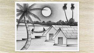 Amazing Moonlight Night Scene Drawing by Pencil, Pencil Drawing for Beginners