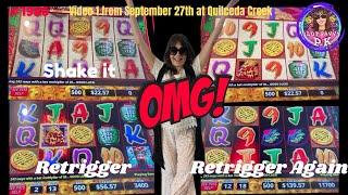 HUGE SHAKER ON $5 BET & 2 RETRIGGERS:  at Q #triplefortunedragonrising #shakingbonus #bigwins #fun