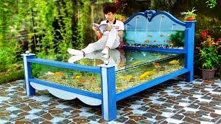 A masterpiece made from cement and glass! Beautiful outdoor aquarium bed