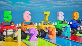 Learn numbers and colors with the mammoth, husky dog, raccoon, cow, pig, buffalo, cat, hippo, giraff