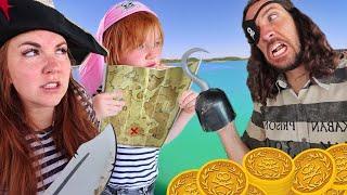 PiRATE FAMiLY lost at SEA!!  Adley finds a Beach & Magic Treasure Map! Floor is Lava pretend play ️