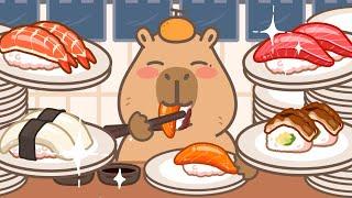 Capybara mukbang animation / ASMR / Sushi, miso soup / Capy Capy