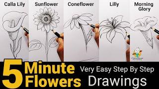 How To Draw 5 Flowers in Five Minute | Very Easy & Simple Drawing Step By Step | Art Video