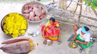 santali old couple cooking & eating CHICKEN CURRY with banana flower and karela flower recipe