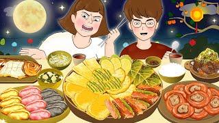 Korean traditional holiday foods (Japchae, Jeon) | Chuseok Mukbang Animation