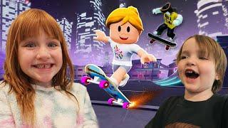 SKATE SESH in ROBLOX!!  Adley & Niko team up against Dad! Spin the Wheel to Paintball & Skateboard