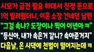 (반전신청사연)시모가 급전 필요하대서 친정 돈 1억 빌려주니 이혼소장 건넨 남편 "그걸 속냐? 도장이나 찍어 이년아" "등신 내가 속은거 같니?" 다음날 시댁에 천벌이 떨어지는데