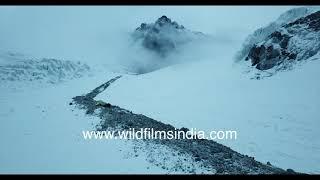 Kalindi Khal trek - lonely campsite on a glacial moraine along a deeply crevassed glacier