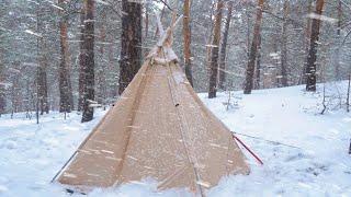 Winter Camping in Deep Snow - Magical Snow | Hot Tent, Wood Stove, Cold Weather